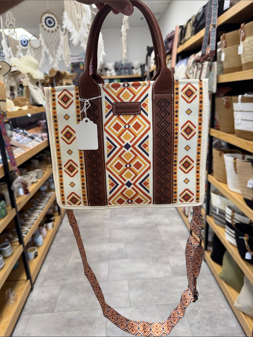 Canvas Geo-Pattern Tote Bag in Brown and Cream
